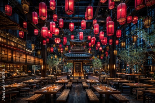 Interior of a restaurant with red lanterns and wooden tables