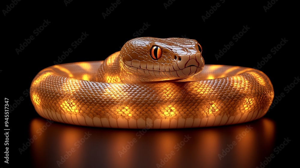 Fototapeta premium Glowing orange snake coils gracefully on a reflective surface at night