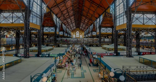 Budapest, Hungary - June 07, 2024: The Great Market Hall (Central Market Hall). Time-lapse, zoom-in transition.