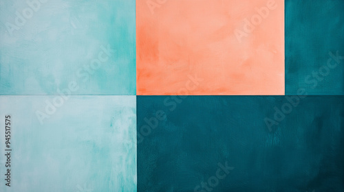 a minimalistic flat gouache painting, featuring contrasting color squares of deep teal, aquamarine, and salmon