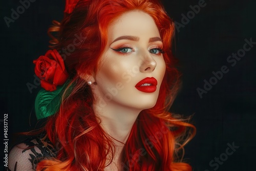 Beauty portrait. Gothic woman with red lips with stylish hair style in studio. Beauty redhead model on black background. Renaissance perfect model on dark background. Gothic lady. Long red hair. Beaut