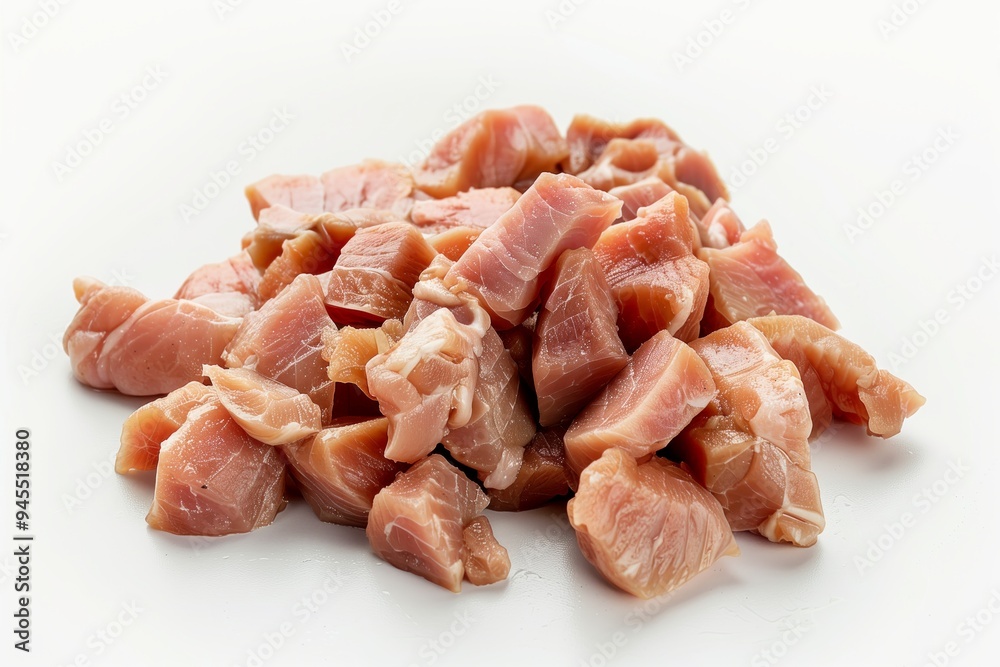 Freshly chopped raw pork cubes ready for cooking, displayed on a clean surface for meal preparation purposes in a home kitchen environment Freshly chopped raw pork cubes ready for cooking, displayed on a clean surface for meal preparation purposes in a home kitchen environment