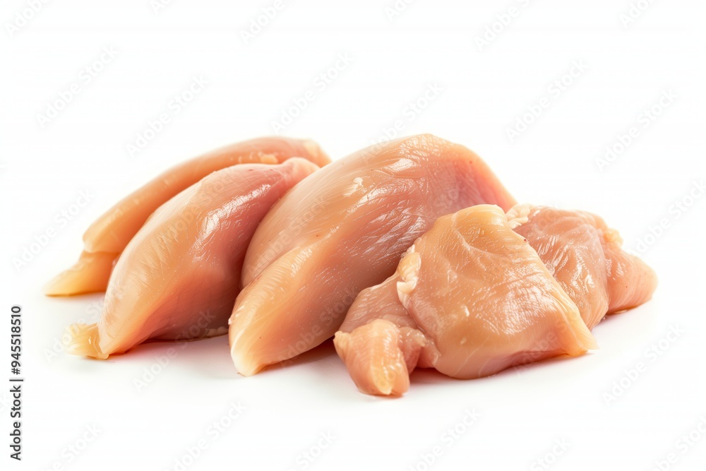 Fresh raw chicken breast fillets arranged neatly on a white background ready for cooking or meal preparation in a culinary setting Fresh raw chicken breast fillets arranged neatly on a white background ready for cooking or meal preparation in a culinary setting