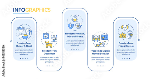 Animal welfare freedoms rectangle infographic vector. Farming, healthcare. Vaccination, treatment. Data visualization with 5 steps. Editable rectangular options chart. Lato-Bold, Regular fonts used