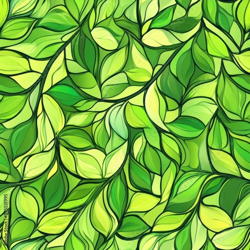 Lime green stained glass style grapevine leaf pattern, seamless repeating pattern, minimal pattern, suitable for vineyard-themed decor, product packaging, branding, and wall art