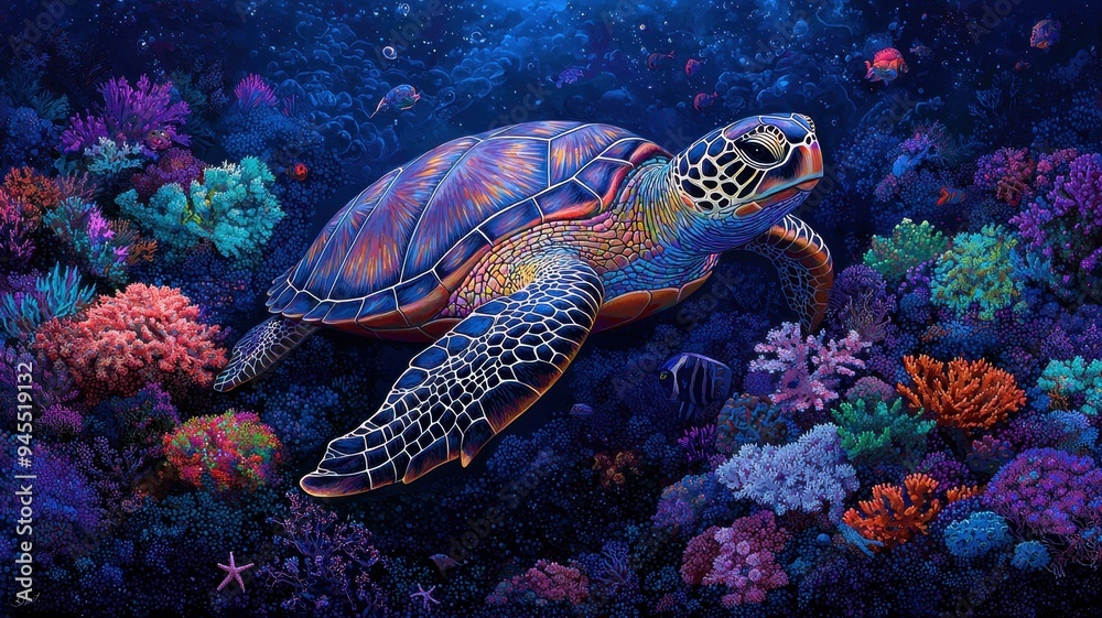 Fototapeta premium A vibrant sea turtle gliding through a colorful coral reef, showcasing the beauty of marine life and underwater ecosystems.