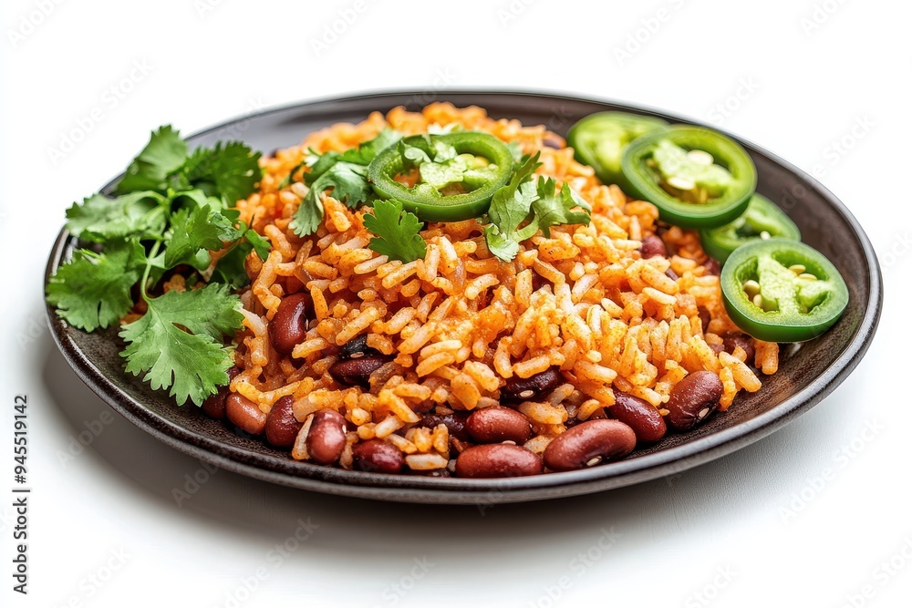A plate of rice with beans, garnished with cilantro and jalape?os. A plate of rice with beans, garnished with cilantro and jalape?os.