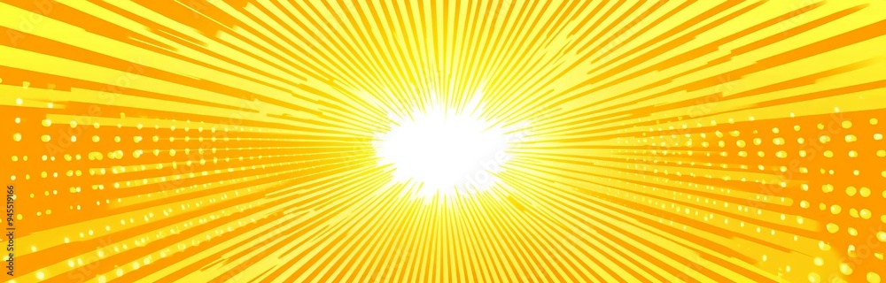 Yellow pop art background with halftone dots and rays of light.