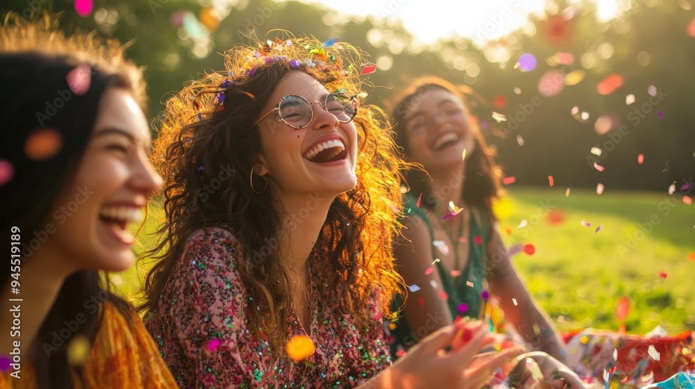 Three friends sit on the grass in a sunlit park, enjoying each other's company as colorful confetti rains down around them, capturing the joy of the moment. Three friends sit on the grass in a sunlit park, enjoying each other's company as colorful confetti rains down around them, capturing the joy of the moment.