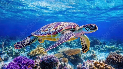 A vibrant sea turtle gracefully swims through a colorful coral reef, showcasing the beauty of marine life in a clear ocean.