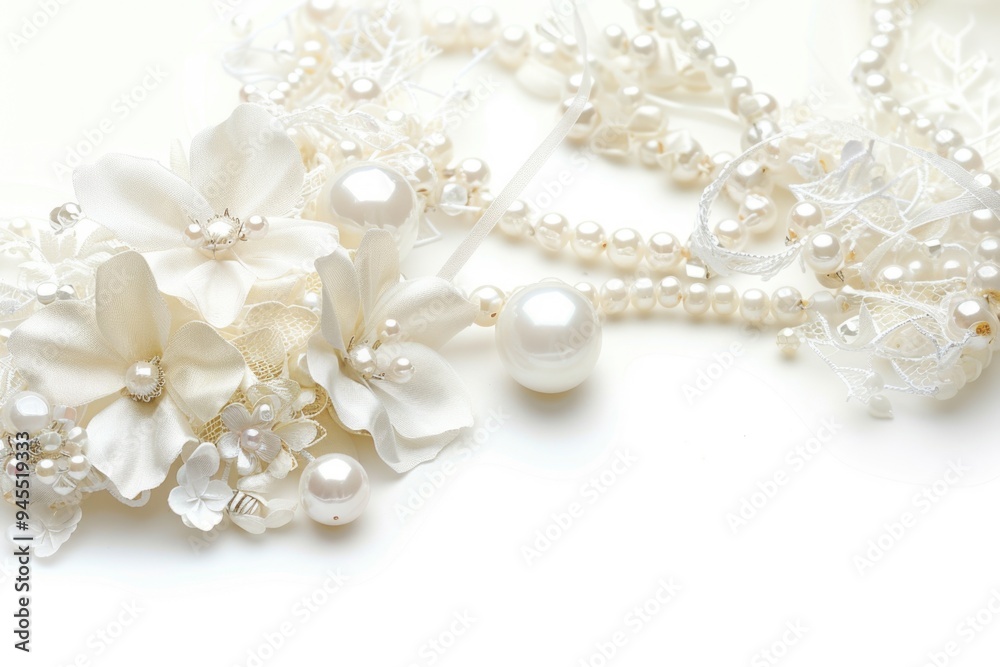 A detailed view of a beautiful necklace featuring pearls and flowers A detailed view of a beautiful necklace featuring pearls and flowers