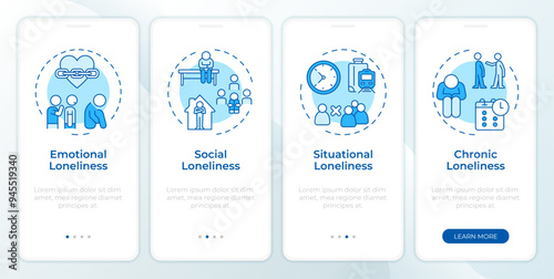 Types of loneliness blue onboarding mobile app screen. Walkthrough 4 steps editable graphic instructions with linear concepts. UI, UX, GUI template. Montserrat SemiBold, Regular fonts used