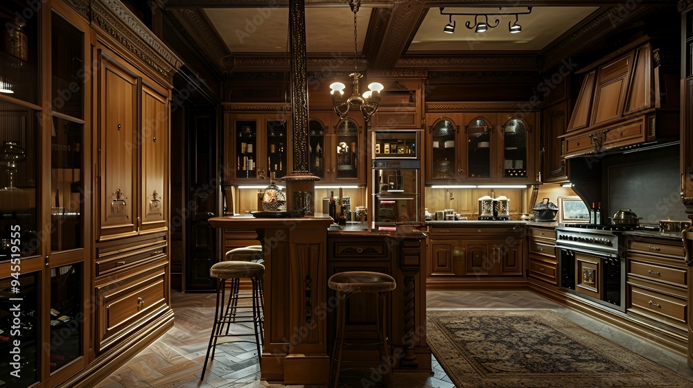 A warm, inviting kitchen featuring wooden cabinetry and elegant lighting. A warm, inviting kitchen featuring wooden cabinetry and elegant lighting.
