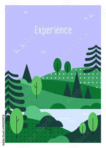 Nature landscape poster. Green hills, river water and trees under serene evening sky background. Peaceful countryside summer scenery. Tranquil country environment card. Flat vector illustration