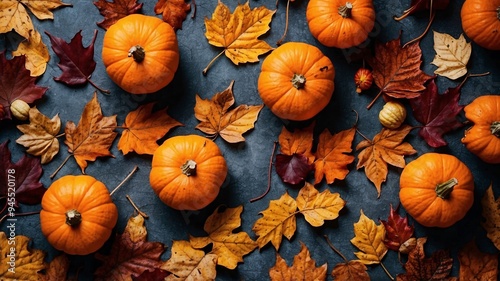 Scattered pumpkins and fallen leaves lay on a cool surface, capturing the spirit and colors of the autumn season perfectly.