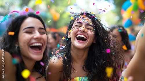 Two women share a moment of laughter and joy as they find themselves covered in colorful confetti during a lively outdoor celebration, embodying happiness and festivity.