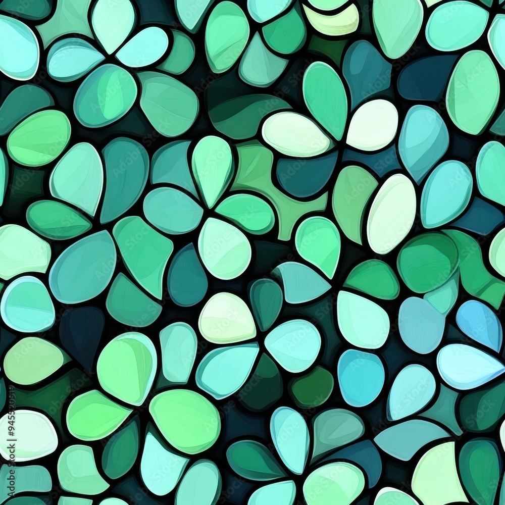 Mint stained glass style clover leaf pattern, seamless repeating pattern, minimal pattern, suitable for home decor, cushion covers, fashion accessories, and invitation cards Mint stained glass style clover leaf pattern, seamless repeating pattern, minimal pattern, suitable for home decor, cushion covers, fashion accessories, and invitation cards