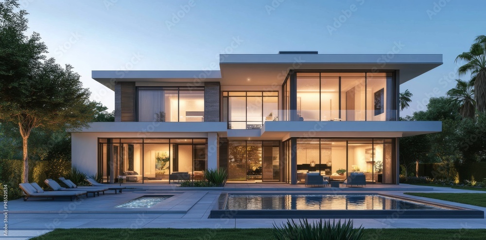 3D rendering of a modern luxury house with a swimming pool and outdoor furniture in the front. 3D rendering of a modern luxury house with a swimming pool and outdoor furniture in the front.