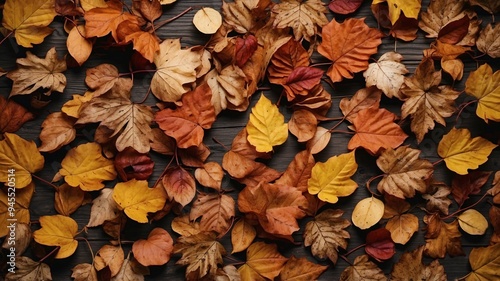 A display of vibrant leaves spread across a wooden floor, showcasing the diverse colors and textures of autumn. photo