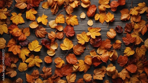 A collection of autumn leaves laid out on a wooden board, displaying the warm and diverse hues characteristic of the season. photo