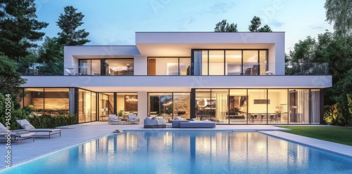 Wallpaper Mural 3D rendering of a modern luxury house with a swimming pool and outdoor furniture in the front. Torontodigital.ca