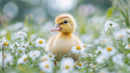 A small baby duck is peacefully sitting in a beautiful field of daisies