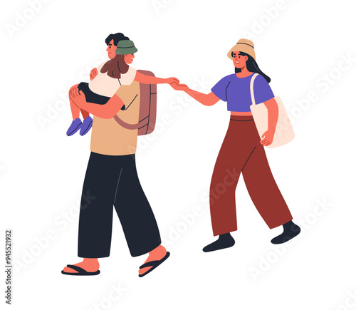 Family walking outdoors. Mom, dad and child strolling, going together. Happy young parents and kid, mother, father carrying girl daughter. Flat vector illustration isolated on white background