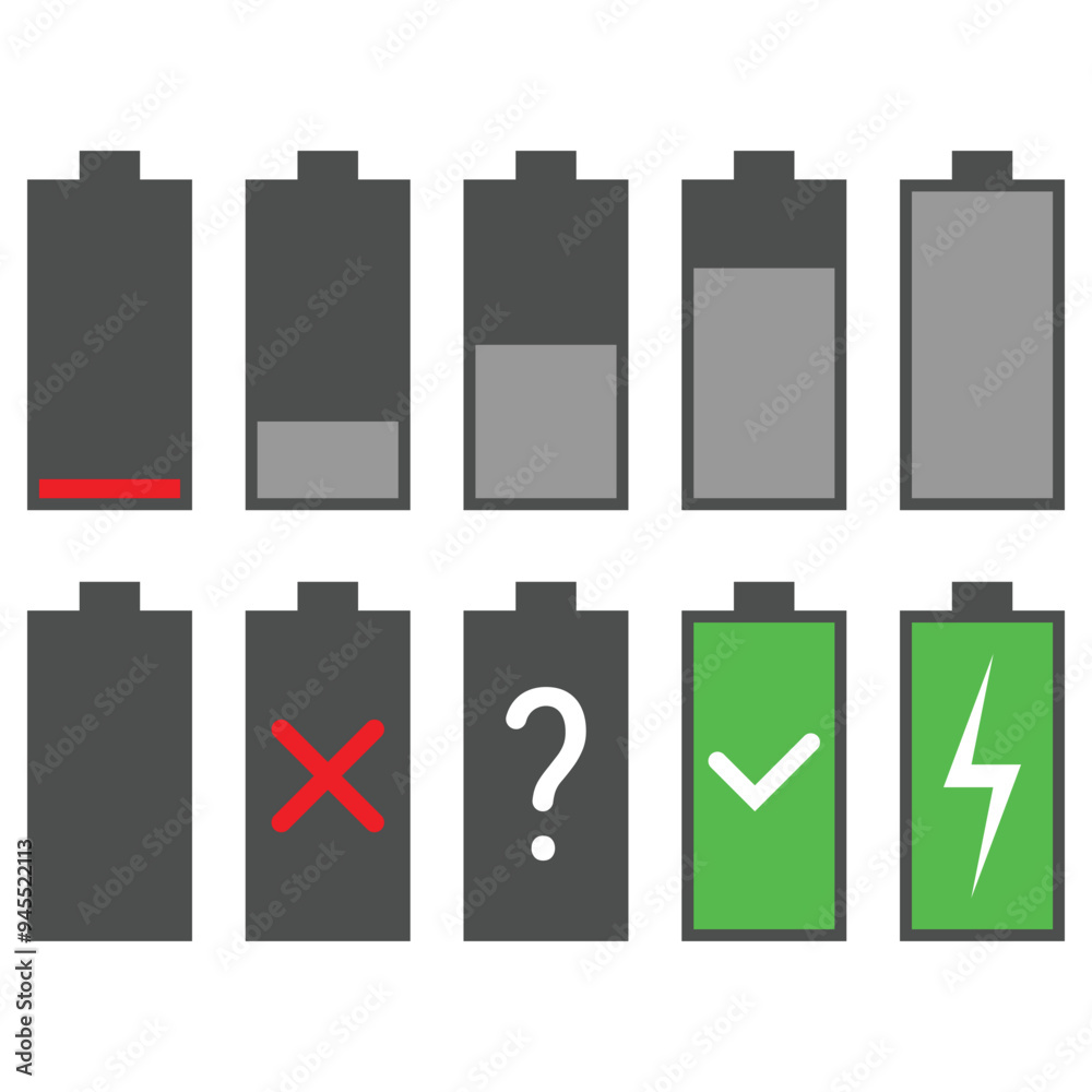 Battery charge indicator icons. Set of battery icons isolated on white background. Flat style Battery charge indicator icons. Set of battery icons isolated on white background. Flat style