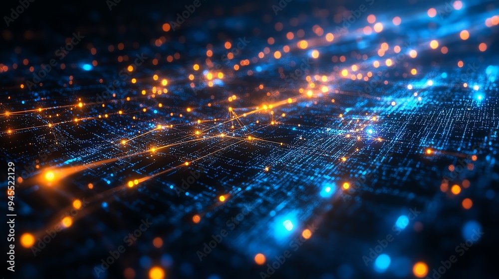 Abstract representation of data flow and digital signals, with glowing lines and particles, set against a deep blue and black background Abstract representation of data flow and digital signals, with glowing lines and particles, set against a deep blue and black background