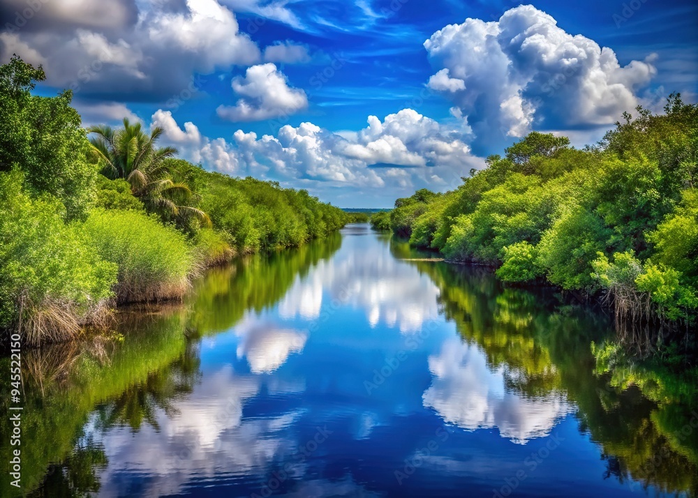 Serene and majestic, a tranquil waterway winds through the lush, emerald green vegetation of the Everglades, reflecting the brilliant blue sky above. Serene and majestic, a tranquil waterway winds through the lush, emerald green vegetation of the Everglades, reflecting the brilliant blue sky above.