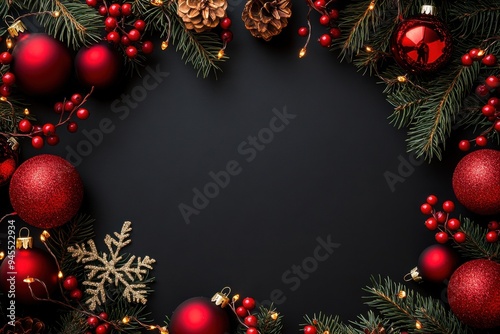 A black background with a red frame and a bunch of red and gold ornaments