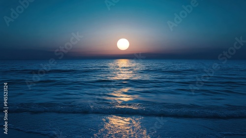 A serene ocean sunset with a glowing sun reflecting on calm waters, creating a peaceful and tranquil atmosphere. photo