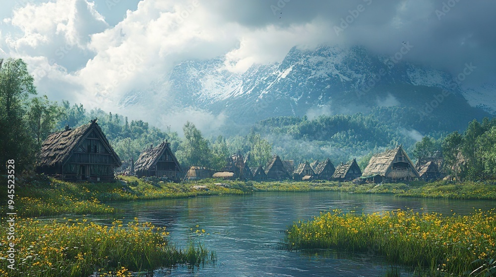 Fototapeta premium A mountain village where rivers flow serenely through a picturesque landscape photo