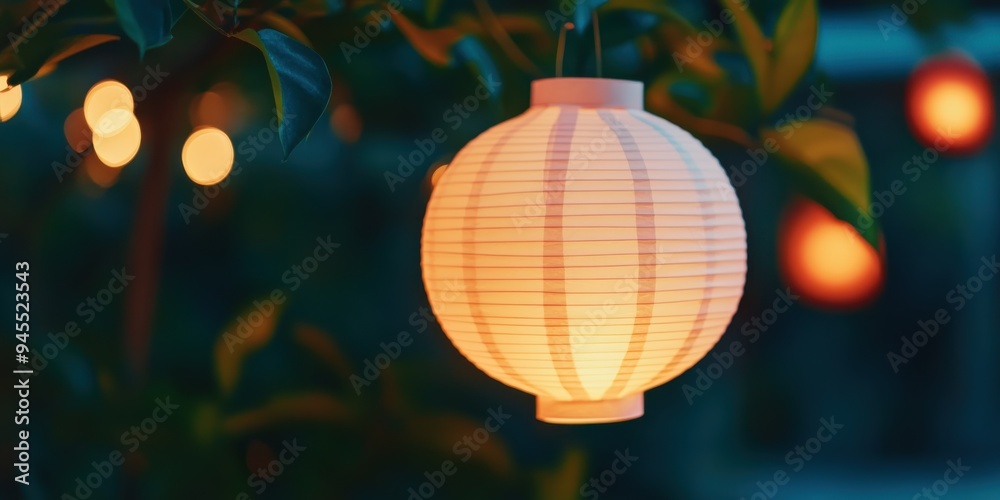 A softly lit paper lantern hanging amongst greenery, creating a serene atmosphere for evening gatherings. A softly lit paper lantern hanging amongst greenery, creating a serene atmosphere for evening gatherings.