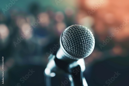 Microphone and defocused audience waiting for the show to begin A vocal microphone in close up in front of a defocused audience in theatre seating, waiting for the performance to start.