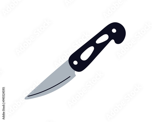 Sharp pocket knife, compact metal tool. Survival accessory, penknife for camping, travel. Steel blade, handle, touristic utility. Flat graphic vector illustration isolated on white background