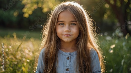 A portrait of a young, pretty girl with long hair, enjoying a warm sunny day outdoors. She looks relaxed and happy, savoring the fresh air and summer ambiance.