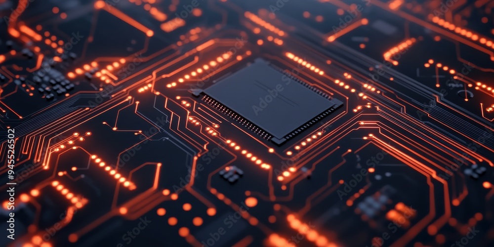 Close-up of a modern microchip on a circuit board, illuminated by vibrant orange lights, showcasing intricate technology details. Close-up of a modern microchip on a circuit board, illuminated by vibrant orange lights, showcasing intricate technology details.