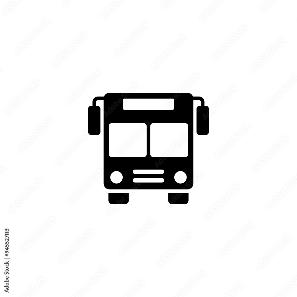 Black vector icon depicting a front-facing bus, ideal for digital platforms related to public transportation or urban services. Black vector icon depicting a front-facing bus, ideal for digital platforms related to public transportation or urban services.