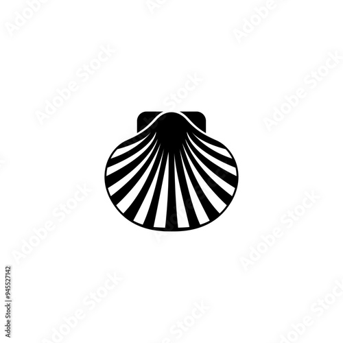 Elegant black and white vector icon of a scallop shell, perfect for marine themes.