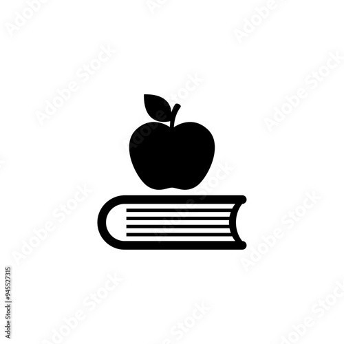 Apple on book, a simple black and white vector icon symbolizing education and learning.