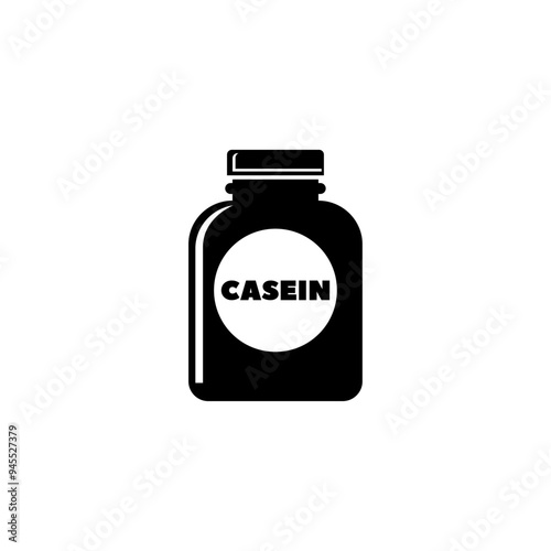 Black vector icon of a casein supplement bottle, ideal for fitness and health graphics.