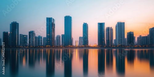 Stunning city skyline at sunset with vibrant reflections in water, showcasing modern architecture and urban lifestyle.