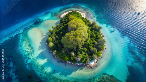 3d render style of An aerial shot of a small, lush tropical island surrounded by clear blue water, with the different colors of the water creating contrast