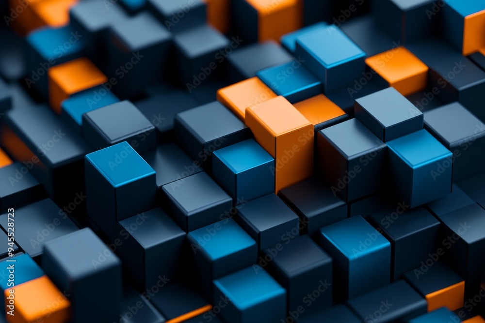 3D rendering of an abstract background with blue, orange, and black cubes in different sizes on a dark background. 3D rendering of an abstract background with blue, orange, and black cubes in different sizes on a dark background.