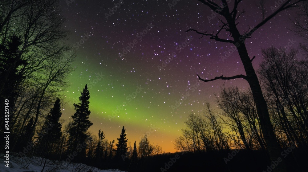 Fototapeta premium Northern Lights Display Over Silhouetted Trees