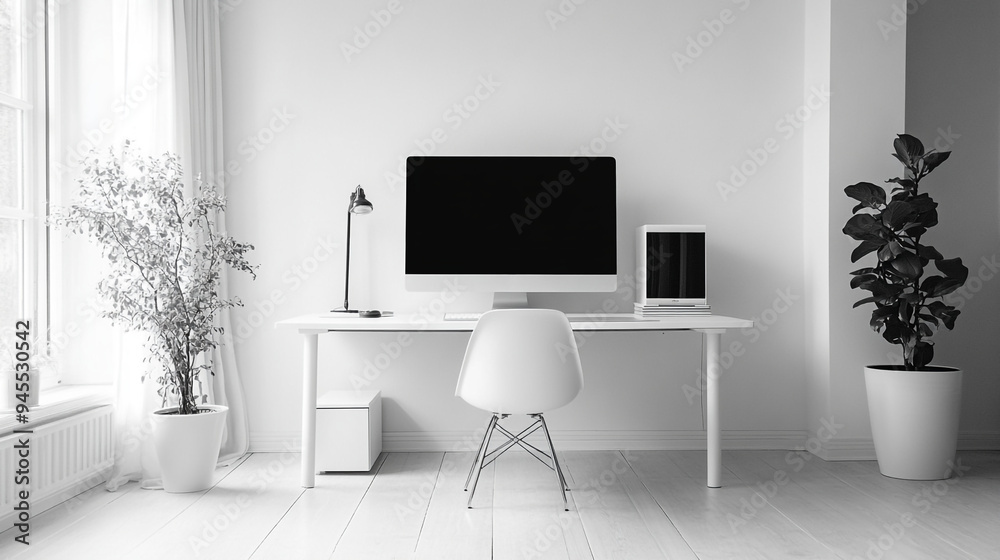 Black screen desktop computer in minimal office room with decorations and copy space Black screen desktop computer in minimal office room with decorations and copy space