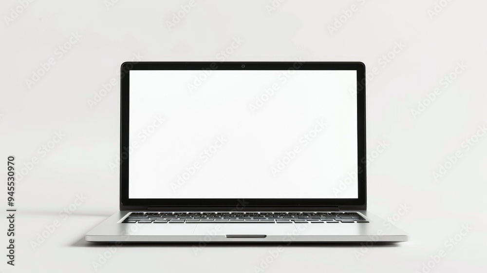 A laptop computer with a white screen sitting on a table, ready for use A laptop computer with a white screen sitting on a table, ready for use