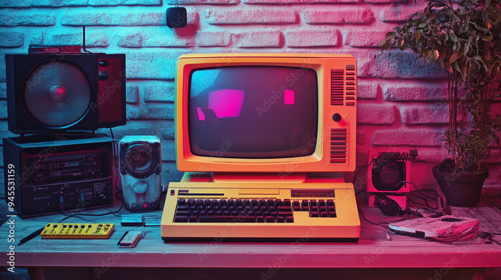 old 8 bit computer with monitor from tv set old 8 bit computer with monitor from tv set