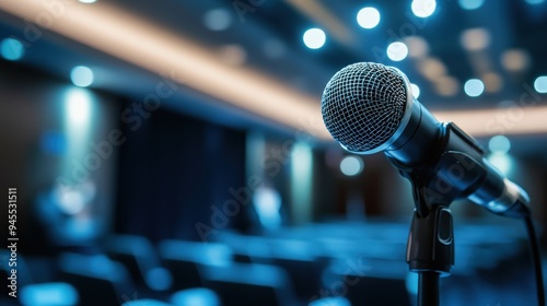 Close-up of a microphone in a conference room with blurred audience, ideal for events, presentations, and public speaking.